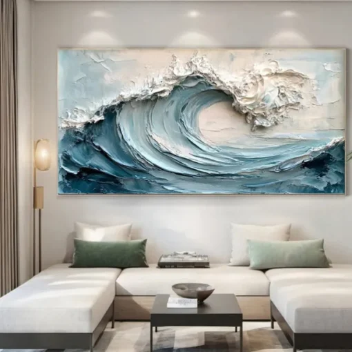 3D Framed Ocean Wave Oil Painting hand painted Blue Ocean Oil Painting On Canvas handmade Abstract Nature Blue Sea Textured painting Wall Art Minimalist Large Wall Art painting for Living Room Decora