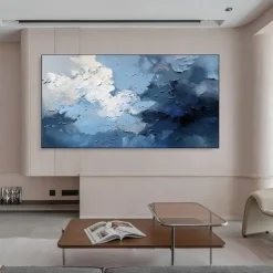 3D oil painting Hand-Painted Thick Texture Sky Petal Oil Painting Beige Blue Skyline Painting On Canvas Abstract Textured oil painting for Wall Art Living Room