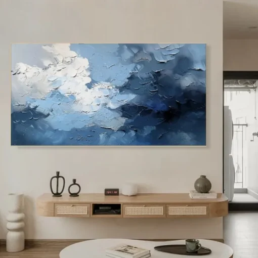 3D oil painting Hand-Painted Thick Texture Sky Petal Oil Painting Beige Blue Skyline Painting On Canvas Abstract Textured oil painting for Wall Art Living Room