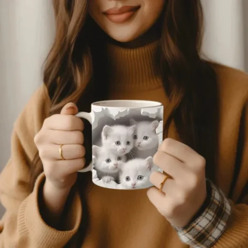 3D Print Kittens Hole In A Wall Mug, Ceramic Coffee Cat Mug 3D Novelty Cat Mugs Cat Lovers Coffee Mug Cat Club Cup White Ceramic Mug Gifts For Men Women