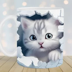 3D Print Kittens Hole In A Wall Mug, Ceramic Coffee Cat Mug 3D Novelty Cat Mugs Cat Lovers Coffee Mug Cat Club Cup White Ceramic Mug Gifts For Men Women