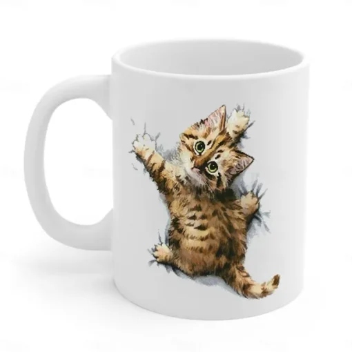 3D Print Kittens Hole In A Wall Mug, Ceramic Coffee Cat Mug 3D Novelty Cat Mugs Cat Lovers Coffee Mug Cat Club Cup White Ceramic Mug Gifts For Men Women