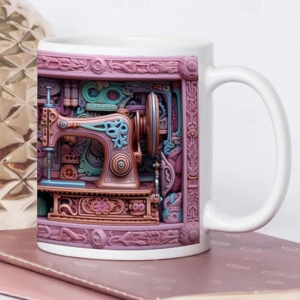 3D Sewing Mug, 3D Floral Sewing Machine, 3D Sewing Machine Mug, Ceramic Coffee Mug, 3D Coffee Mug Wrap, Sewing Gift for Women, Christmas Gift Xmas Gift