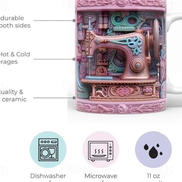 3D Sewing Mug, 3D Floral Sewing Machine, 3D Sewing Machine Mug, Ceramic Coffee Mug, 3D Coffee Mug Wrap, Sewing Gift for Women, Christmas Gift Xmas Gift