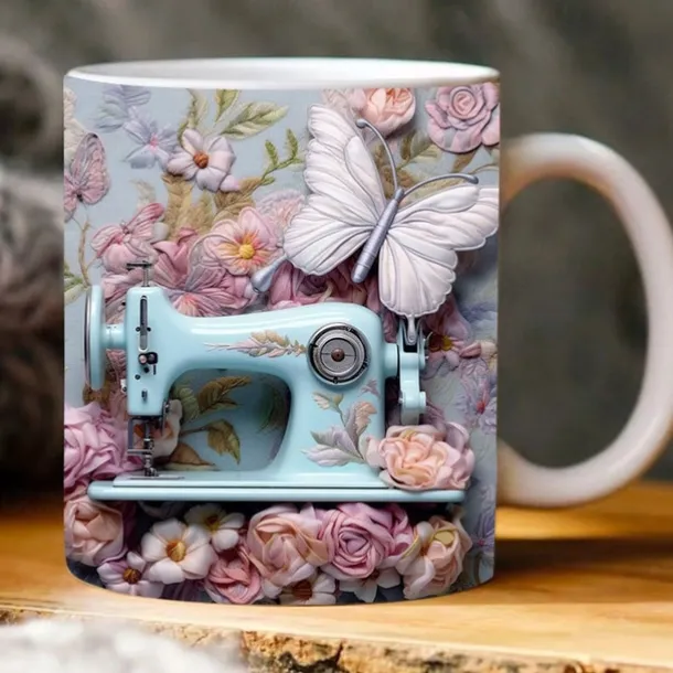 3D Sewing Mug, 3D Floral Sewing Machine, 3D Sewing Machine Mug, Ceramic Coffee Mug, 3D Coffee Mug Wrap, Sewing Gift for Women, Christmas Gift Xmas Gift