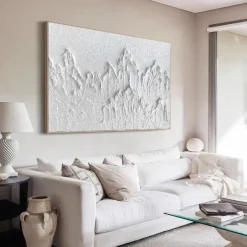 3D White oil painting Handmade 3D White mountain Oil Painting on Canvas Large hand painted Textured Palette Knife Boho oil painting Wall Art Contemporary 3D Whiteartwork for Living Room bedroom