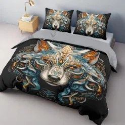 3D Wolf Print Duvet Cover Bedding Sets Comforter Cover with 1 Duvet Cover or Coverlet,1Sheet,2 Pillowcases for Double/Queen/King(1 Pillowcase for Twin/Single)
