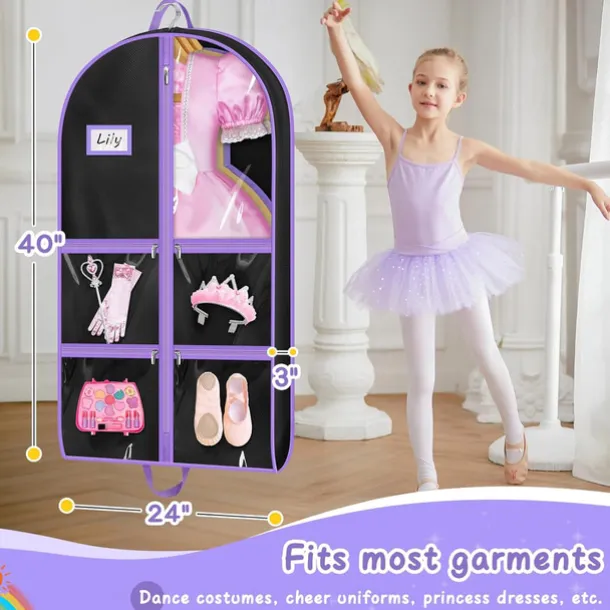 Dance Garment Bags for Dancers with 4 Pockets Garment Bags for Dance Costumes 40" Cheer Uniform Garment Bag Hanging Kids Garment Bag for Recital, Competition, Travel, Storage