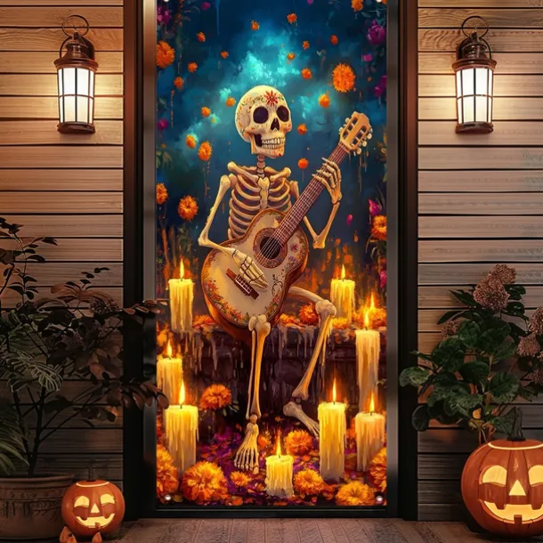 Day of the Dead Door Cover Outdoor Banners Skeleton Marigold Mexico Psychedelic Party Outdoor Shooting Backgrounds Front Door Wall Porch Decorations Wall Door Background
