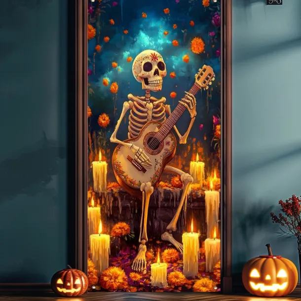 Day of the Dead Door Cover Outdoor Banners Skeleton Marigold Mexico Psychedelic Party Outdoor Shooting Backgrounds Front Door Wall Porch Decorations Wall Door Background