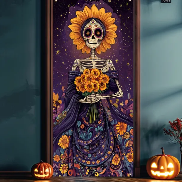 Day of the Dead Door Cover Outdoor Banners Skeleton Marigold Mexico Psychedelic Party Outdoor Shooting Backgrounds Front Door Wall Porch Decorations Wall Door Background