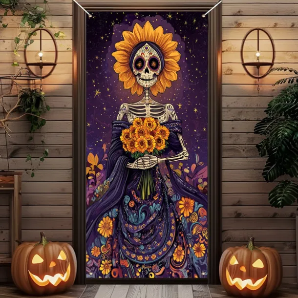 Day of the Dead Door Cover Outdoor Banners Skeleton Marigold Mexico Psychedelic Party Outdoor Shooting Backgrounds Front Door Wall Porch Decorations Wall Door Background