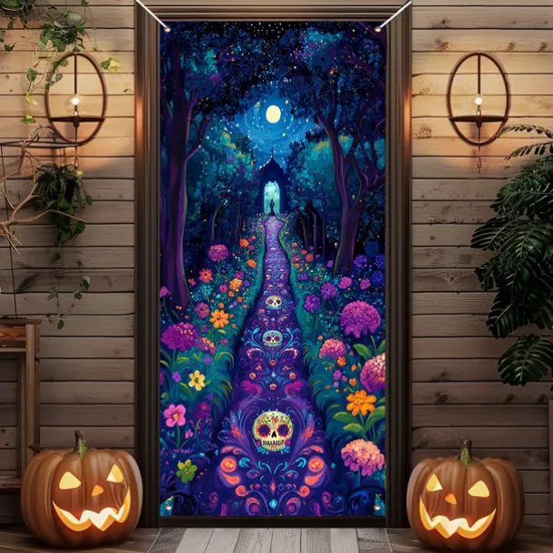Day of the Dead Door Cover Outdoor Banners Skeleton Marigold Mexico Psychedelic Party Outdoor Shooting Backgrounds Front Door Wall Porch Decorations Wall Door Background