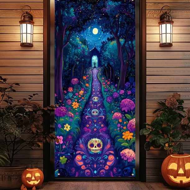 Day of the Dead Door Cover Outdoor Banners Skeleton Marigold Mexico Psychedelic Party Outdoor Shooting Backgrounds Front Door Wall Porch Decorations Wall Door Background