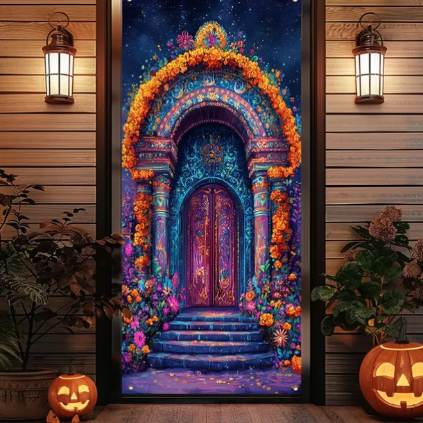 Day of the Dead Door Cover Outdoor Banners Skeleton Marigold Mexico Psychedelic Party Outdoor Shooting Backgrounds Front Door Wall Porch Decorations Wall Door Background