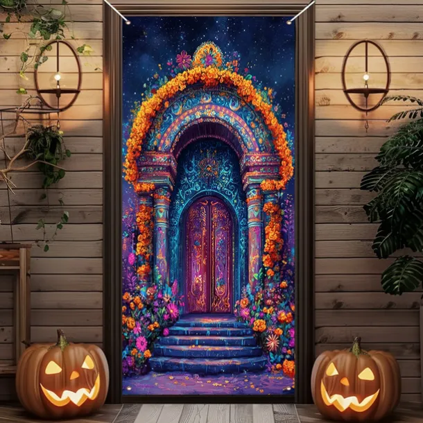 Day of the Dead Door Cover Outdoor Banners Skeleton Marigold Mexico Psychedelic Party Outdoor Shooting Backgrounds Front Door Wall Porch Decorations Wall Door Background