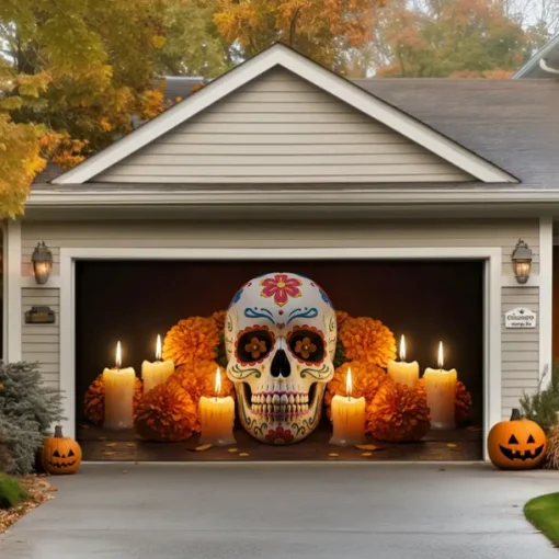 Day of the Dead Garage Door Cover Large Hanging Backdrop Skeleton Marigold Mexico Dark Punk Gothic Style Party Outdoor Shooting Backgrounds Front Door Decorations Wall Door Background