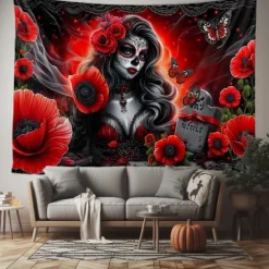 Day of the Dead Skeleton Bride Scene Wall Tapestry Backdrop, Gothic Red Curtain Spooky Decoration for 2025 Halloween Living Room, Bedroom