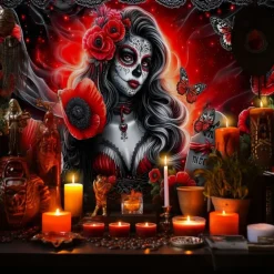 Day of the Dead Skeleton Bride Scene Wall Tapestry Backdrop, Gothic Red Curtain Spooky Decoration for 2025 Halloween Living Room, Bedroom