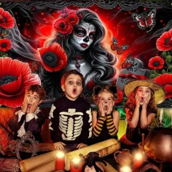 Day of the Dead Skeleton Bride Scene Wall Tapestry Backdrop, Gothic Red Curtain Spooky Decoration for 2025 Halloween Living Room, Bedroom