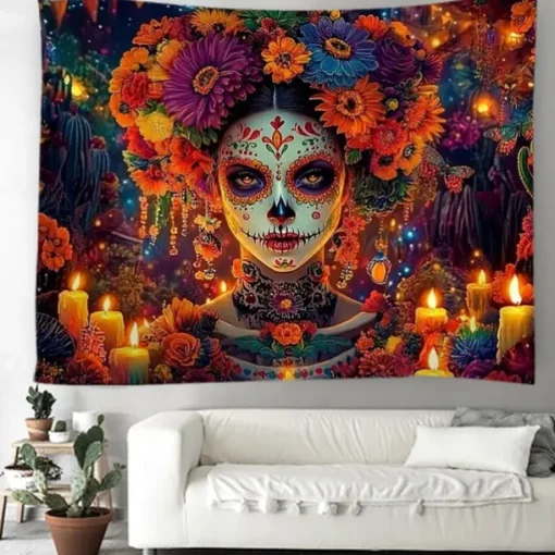 Day of the Dead Sugar Skull Wall Tapestry Backdrop, Mexican Dia de los Muertos Colorful Decoration for 2025 Halloween Living Room, Bedroom