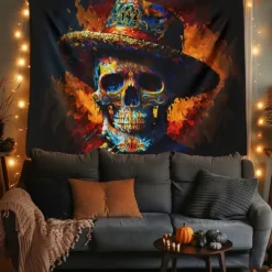 Day of the Dead Tapestry Banners Wall Hangings Skeleton Marigold Mexico Dark Punk Gothic Style Party Dorm Shooting Backgrounds Decorations Wall Door Background