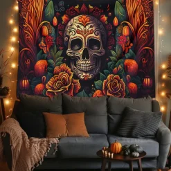 Day of the Dead Tapestry Banners Wall Hangings Skeleton Marigold Mexico Dark Punk Gothic Style Party Dorm Shooting Backgrounds Decorations Wall Door Background