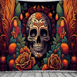Day of the Dead Tapestry Banners Wall Hangings Skeleton Marigold Mexico Dark Punk Gothic Style Party Dorm Shooting Backgrounds Decorations Wall Door Background