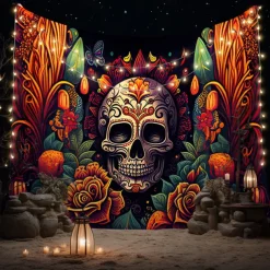 Day of the Dead Tapestry Banners Wall Hangings Skeleton Marigold Mexico Dark Punk Gothic Style Party Dorm Shooting Backgrounds Decorations Wall Door Background