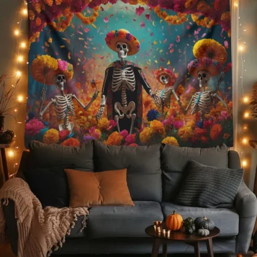 Day of the Dead Tapestry Banners Wall Hangings Skeleton Marigold Mexico Dark Punk Gothic Style Party Dorm Shooting Backgrounds Decorations Wall Door Background