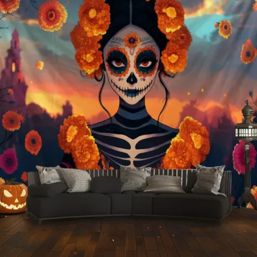 Day of the Dead Tapestry Banners Wall Hangings Skeleton Mexico Dark Punk Gothic Style Party Dorm Shooting Backgrounds Decorations Wall Door Background