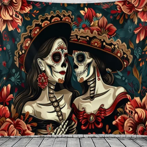 Day of the Dead Tapestry Banners Wall Hangings Skeleton Flower Mexico Dark Punk Gothic Style Party Dorm Shooting Backgrounds Decorations Wall Door Background