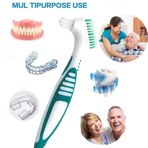 Denture Toothbrush For Adults, Denture Cleaning Brush, Hard Denture Brush Oral Care Double-Sided Toothbrush, Specially Designed To Thorough Cleaning Dentures & Bridges