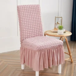 Dining Chair Covers, Stretch Chair Cover Removable Washable Chair Slipcover Dining Room Solid Color Little Plaid with Skirt Banquet Chair Covers Polyester