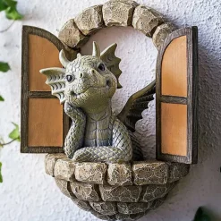 Dinosaur Sculpture Wall Decoration Weatherproof Resin Statue Miniatures for Patio Yard Garden Wall Decoration Lovely Dragon Garden Ornaments