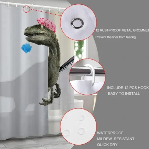 Dinosaur Shower Curtain Set 180cm*180cm(70"*70")with Hooks for Bathroom, White Fun Kids Fabric Shower Curtains , Cool Cute Unique Raptor Bathroom Accessories Decor