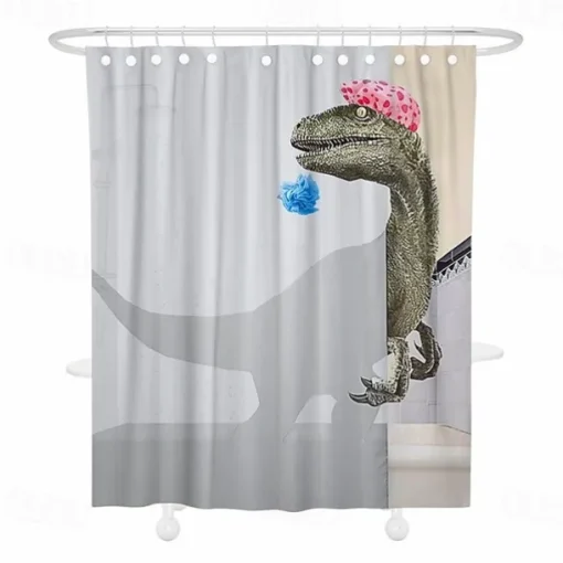 Dinosaur Shower Curtain Set 180cm*180cm(70"*70")with Hooks for Bathroom, White Fun Kids Fabric Shower Curtains , Cool Cute Unique Raptor Bathroom Accessories Decor
