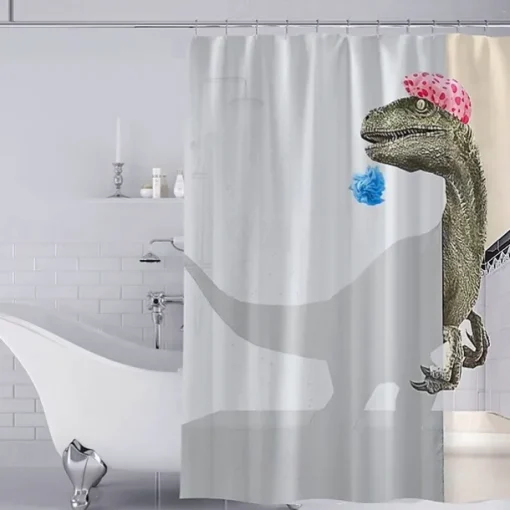 Dinosaur Shower Curtain Set 180cm*180cm(70"*70")with Hooks for Bathroom, White Fun Kids Fabric Shower Curtains , Cool Cute Unique Raptor Bathroom Accessories Decor