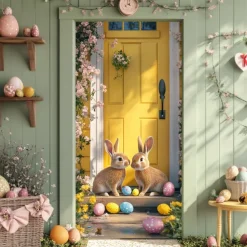 Door Decorations Door Covers Bunny Holding Eggs Door Tapestry Door Curtain Decoration Backdrop Indoor/Outdoor Door Banner for Front Door Farmhouse