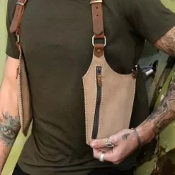Double Shoulder Armpit Bag,Vintage Leather Men's Suspenders Shoulder Bag Outdoor Crossbody Phone Bag with Adjustable Zippered Pouch, Universally Compatible Wallet for Both Sides