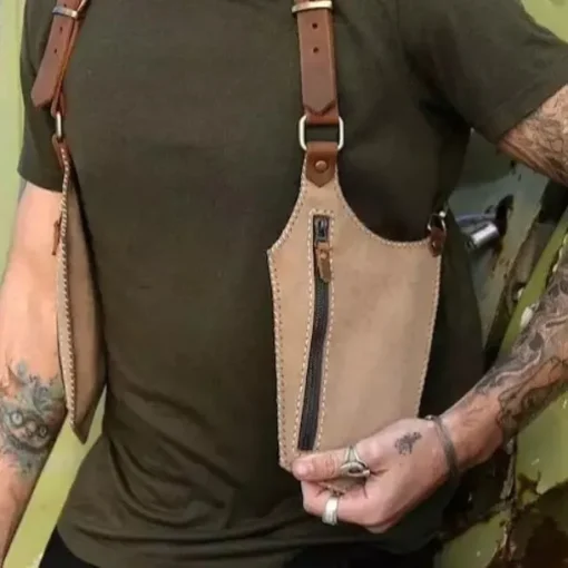 Double Shoulder Armpit Bag,Vintage Leather Men's Suspenders Shoulder Bag Outdoor Crossbody Phone Bag with Adjustable Zippered Pouch, Universally Compatible Wallet for Both Sides