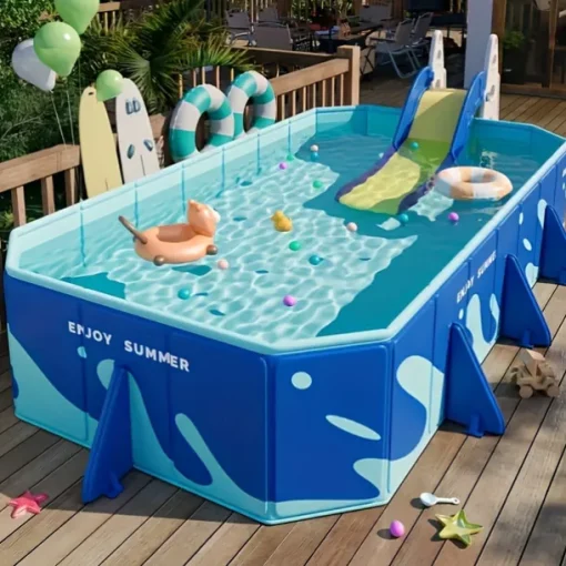 Durable Foldable Inflatable Swimming Pool Rectangular Shape, PVC Material, Multiple Components for Family Fun