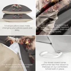 Duvet Cover Set with Funny Rooster Print, 100% Cotton, Soft and Breathable Fabric, Includes Duvet Cover and Pillowcases, Hypoallergenic and Skin-Friendly, Machine Washable, Durable, Comfortable