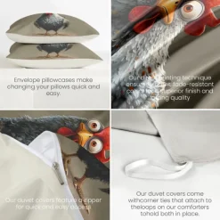 Duvet Cover Set with Funny Rooster Print, 100% Cotton, Soft and Breathable Fabric, Includes Duvet Cover and Pillowcases, Hypoallergenic and Skin-Friendly, Machine Washable, Durable, Comfortable