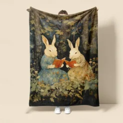 Easter Day Rabbit Sisters Reading Books Scandinavian Super Soft Throws Blanket, Novelty Flannel Throw Blankets Warm 3D Printed All Seasons Gifts Folk Art Big Blanket