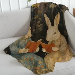 Easter Day Rabbit Sisters Reading Books Scandinavian Super Soft Throws Blanket, Novelty Flannel Throw Blankets Warm 3D Printed All Seasons Gifts Folk Art Big Blanket