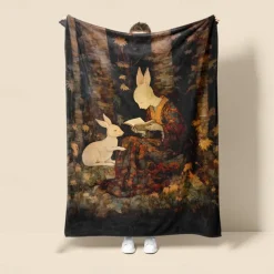 Easter Day Rabbit Sisters Reading Books Scandinavian Super Soft Throws Blanket, Novelty Flannel Throw Blankets Warm 3D Printed All Seasons Gifts Folk Art Big Blanket