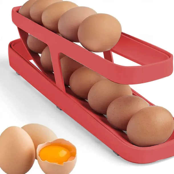 Egg Dispenser, Automatic Roll-on 2-Tiers Egg Trays, Egg Storage Box For Refrigerator, Plastic Egg Basket, Egg Fresh-Keeping Organizer, Kitchen Storage Accessories