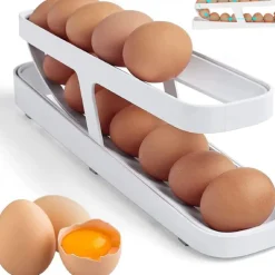 Egg Dispenser, Automatic Roll-on 2-Tiers Egg Trays, Egg Storage Box For Refrigerator, Plastic Egg Basket, Egg Fresh-Keeping Organizer, Kitchen Storage Accessories