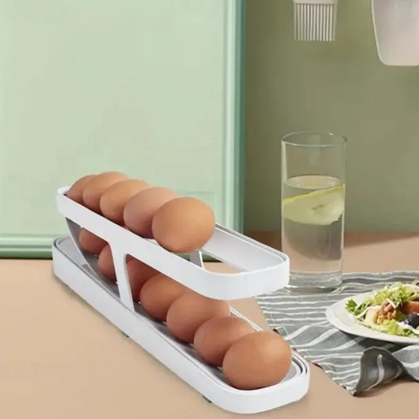 Egg Dispenser, Automatic Roll-on 2-Tiers Egg Trays, Egg Storage Box For Refrigerator, Plastic Egg Basket, Egg Fresh-Keeping Organizer, Kitchen Storage Accessories